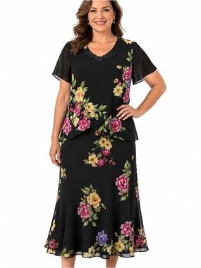 Vintage Studio I Petite 2-Piece Floral Skirt Set Size 8P Black Chiffon Top skirt